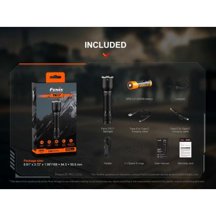 Fenix TK17BLK - Lanternă LED reîncărcabilă cu intensitate reglabilă, încărcare USB, 6000 mAh, IP68, 3600 lm, 60 h, negru