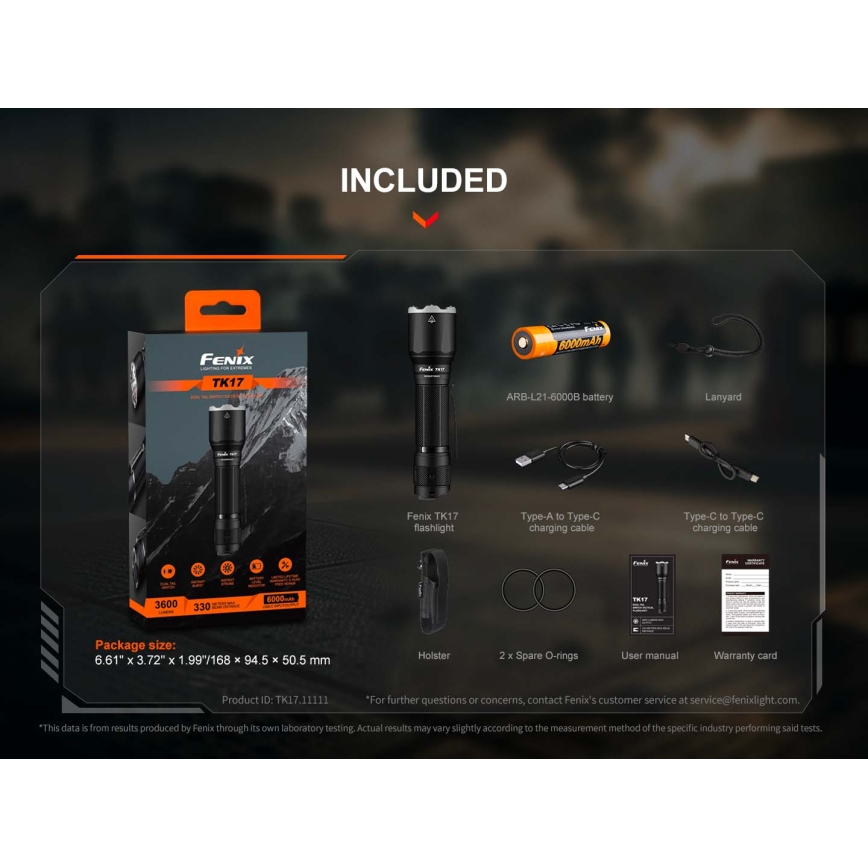 Fenix TK17BLK - Lanternă LED reîncărcabilă cu intensitate reglabilă, încărcare USB, 6000 mAh, IP68, 3600 lm, 60 h, negru