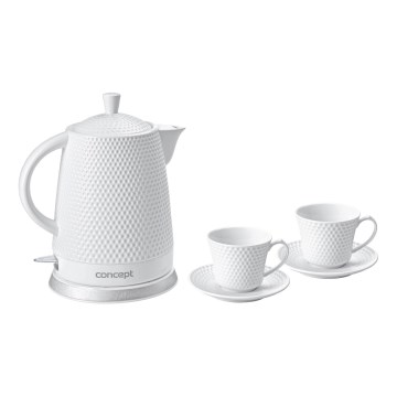 Fierbător electric Concept RK0040 - 1,5 l, 1500 W / 230 V, alb/ceramică + 2 cești cu farfurioare