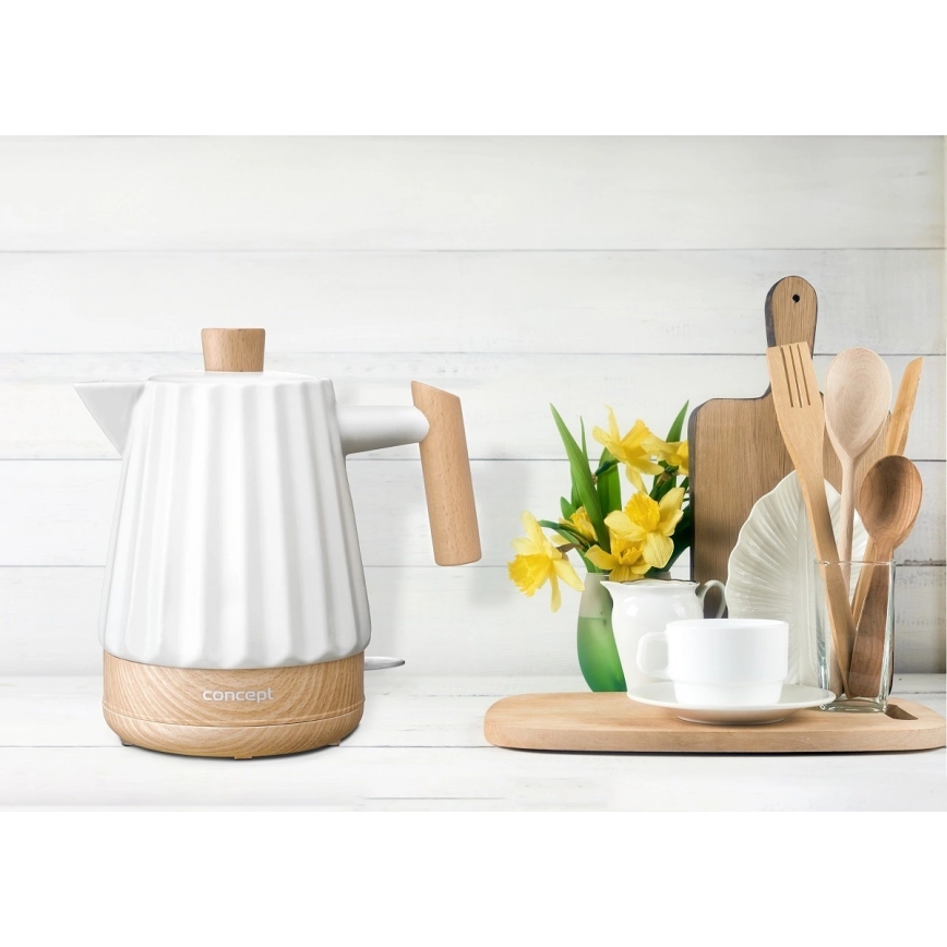Fierbător electric Concept RK0090 - 1,5 l 1500W/230V alb/decor lemn/ceramică