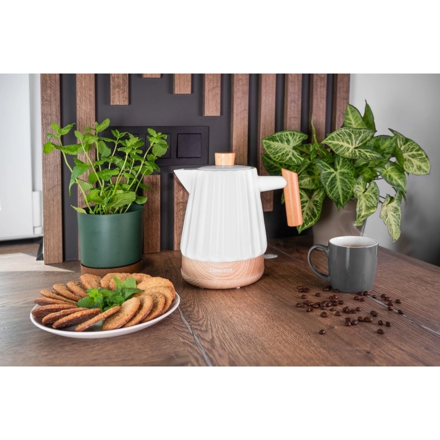 Fierbător electric Concept RK0090 - 1,5 l 1500W/230V alb/decor lemn/ceramică