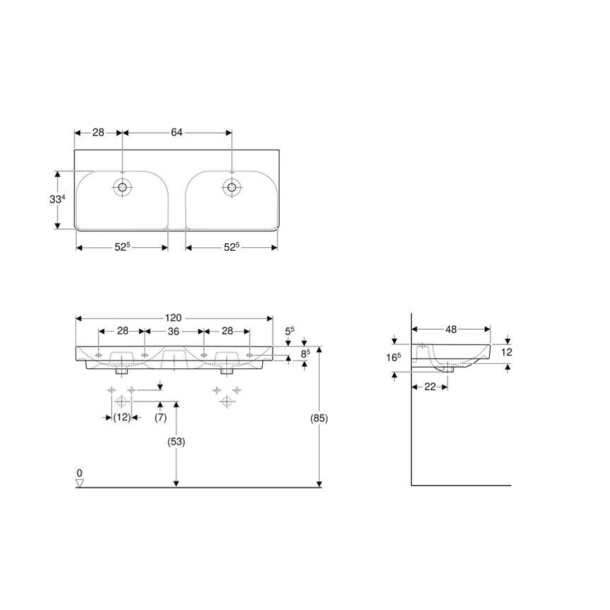 Geberit 500.224.01.1 - Lavoar dublu suspendat Smyle Square 120 x 48 cm, din ceramică, alb