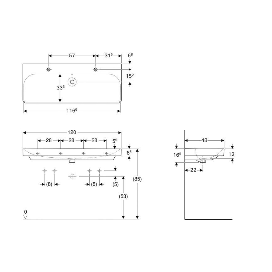 Geberit 500.253.01.1 - Lavoar dublu suspendat Smyle Square 120 x 48 cm, ceramică, alb