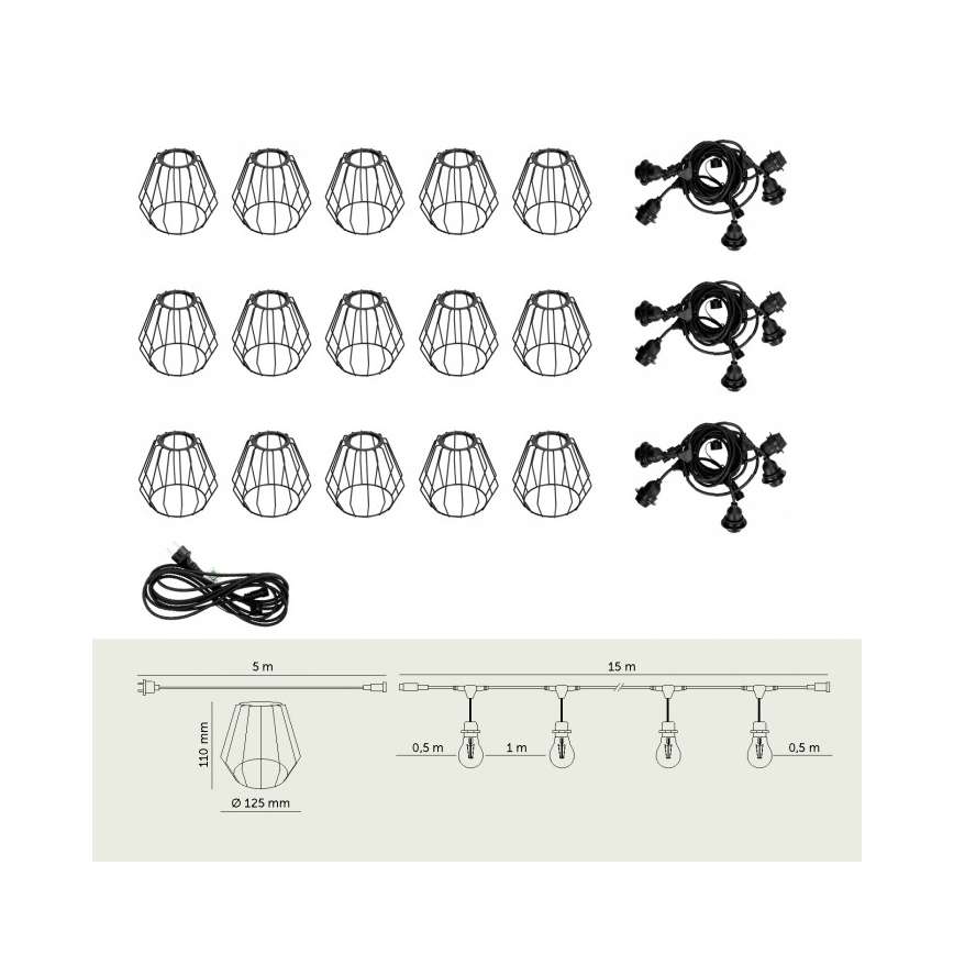 Ghirlandă decorativă de exterior CRETE, 15 x E27, 230V, 20 m, IP44