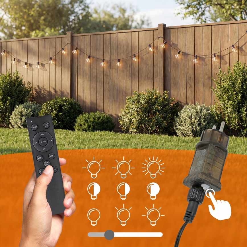 Șir decorativ LED reglabil pentru exterior 36xE12/1W/24/230V 22,35 m IP65 negru + telecomandă