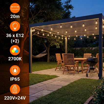 Șir decorativ LED reglabil pentru exterior 36xE12/1W/24/230V 22,35 m IP65 negru + telecomandă