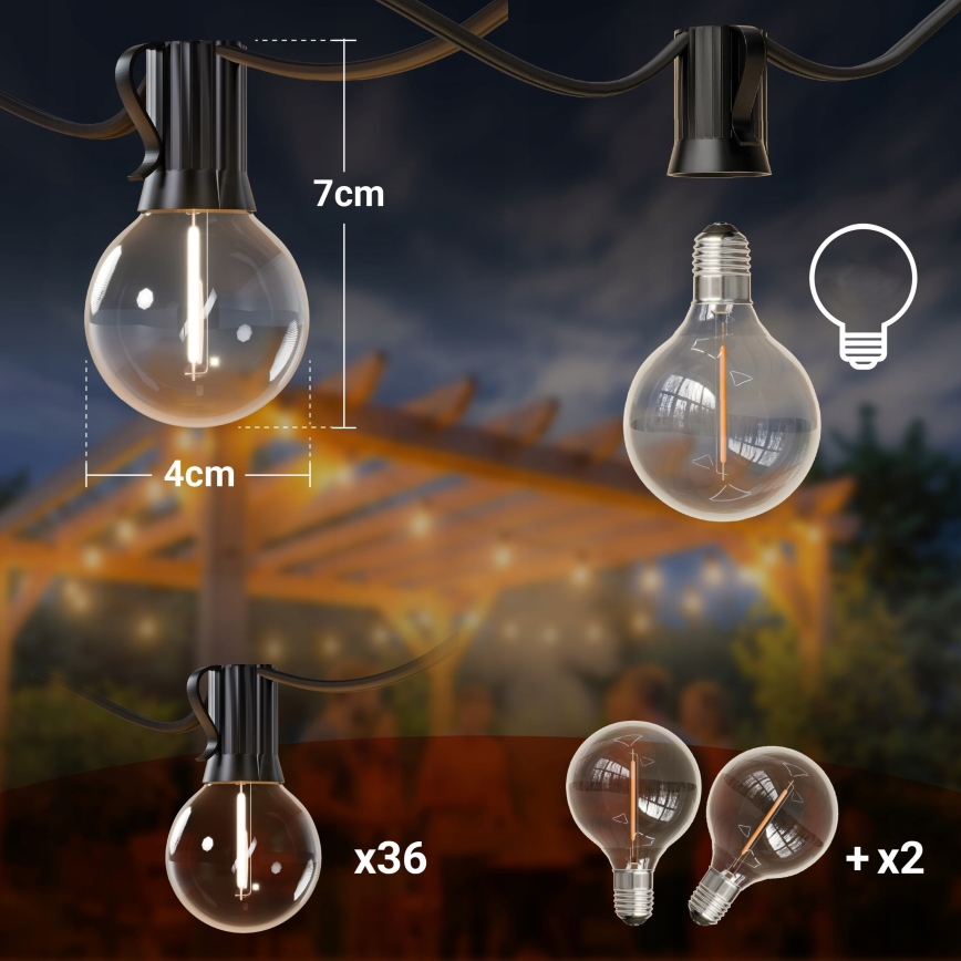 Șir decorativ LED reglabil pentru exterior 36xE12/1W/24/230V 22,35 m IP65 negru + telecomandă