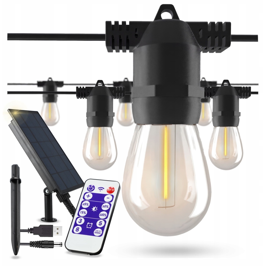 Ghirlandă decorativă solară LED reglabilă 20xE27/0,3W/3/5V USB 2400 mAh 20,62 m IP65 neagră + telecomandă