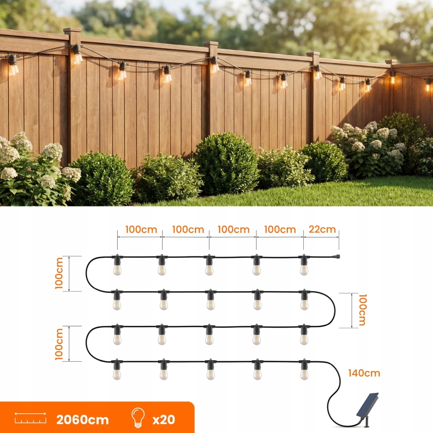 Ghirlandă decorativă solară LED reglabilă 20xE27/0,3W/3/5V USB 2400 mAh 20,62 m IP65 neagră + telecomandă