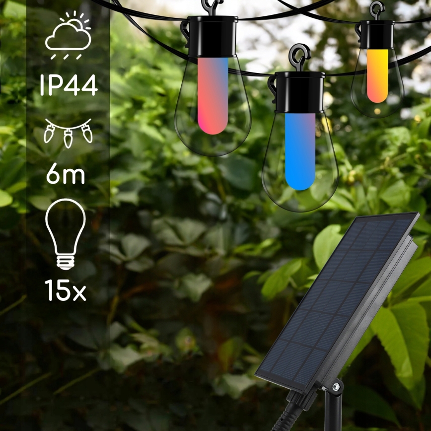 Ghirlandă decorativă solară LED RGB reglabilă 15xLED/18 funcții USB 6 m IP44 neagră + telecomandă