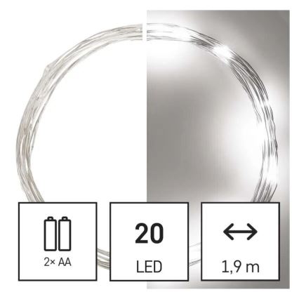 Ghirlandă LED, 20 LED, alimentare 2x AA, 2,4 m, alb rece