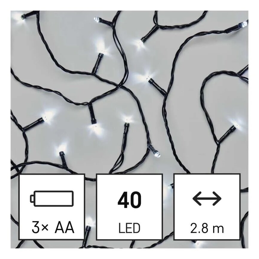 Ghirlandă LED de exterior 3,3 m, 40 LED, alimentare 3xAA, IP44, alb rece