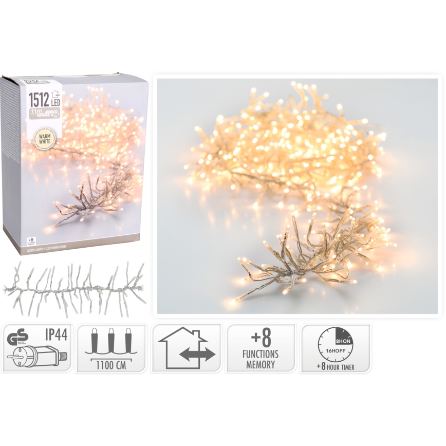 Ghirlandă LED de exterior pentru Crăciun 1512xLED/230V/8 funcții 14 m IP44 alb cald