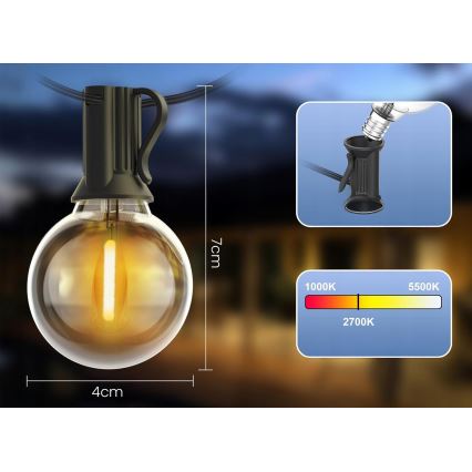 Ghirlandă LED decorativă pentru exterior, 20 x soclu E12, 1 W, 230 V, 20 m, IP65, neagră