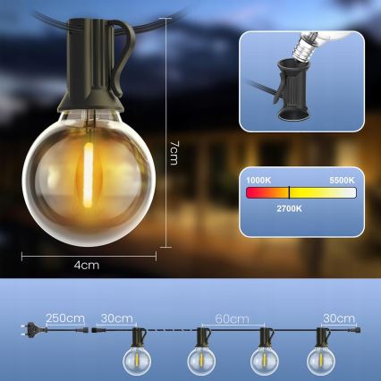 Ghirlandă LED decorativă reglabilă pentru exterior 25xE12/1W/24/230V 17,5 m IP65 neagră + telecomandă