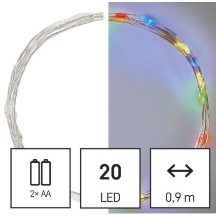 Ghirlandă LED multicoloră, 20 LED-uri, 2,4 m, 2x AA