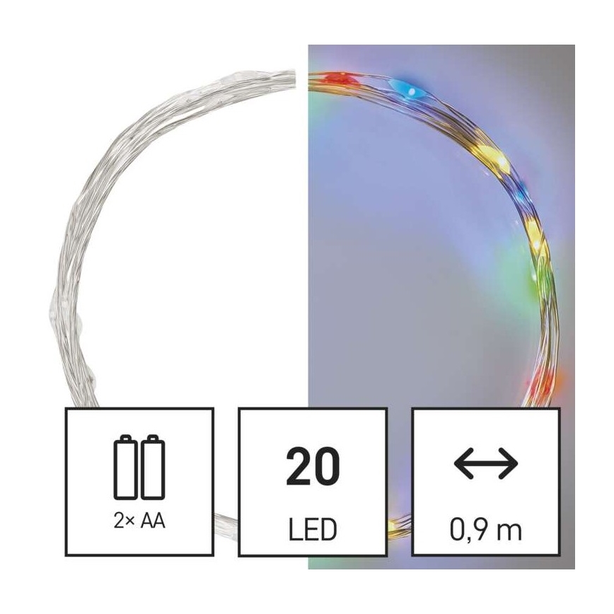 Ghirlandă LED multicoloră, 20 LED-uri, 2,4 m, 2x AA