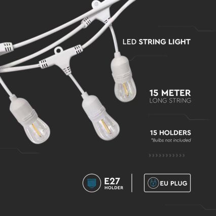 Ghirlandă luminoasă de exterior STRING, 15 x soclu E27, 40 W pe bec (max.), 230 V, 15 m, IP65