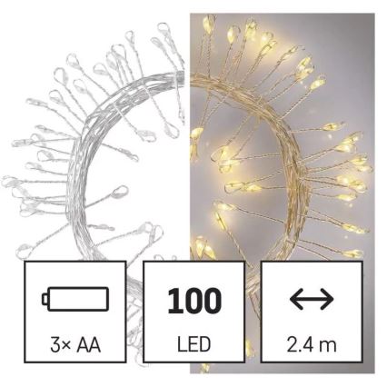 Ghirlandă luminoasă LED cu 100 LED, alimentare 3xAA, 2,7 m, alb cald