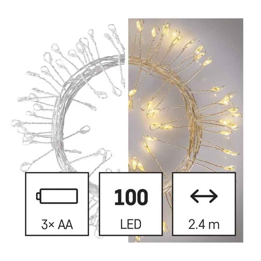 Ghirlandă luminoasă LED cu 100 LED, alimentare 3xAA, 2,7 m, alb cald