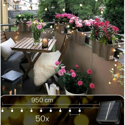 Ghirlandă solară decorativă, 50 LED, 8 funcții, 500 mAh, 9,5 m, IP67, alb cald