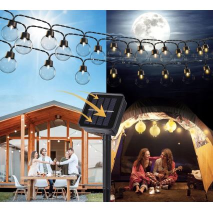 Ghirlandă solară decorativă cu 30 LED, 8 funcții, acumulator 500 mAh, 10,6 m, IP67, alb cald