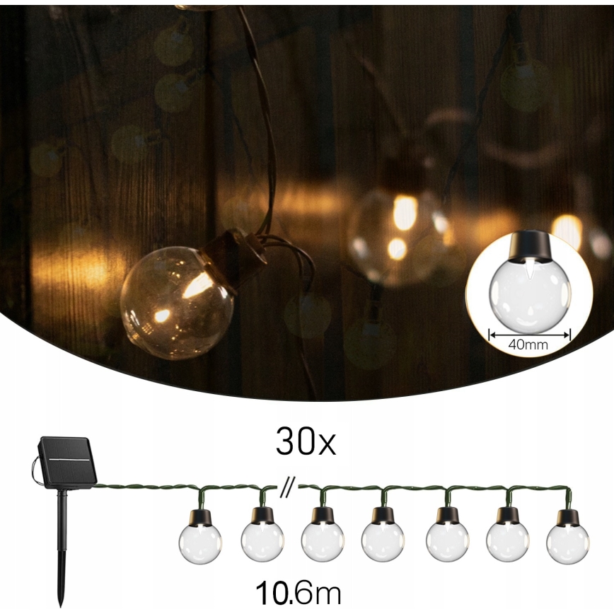 Ghirlandă solară decorativă cu 30 LED, 8 funcții, acumulator 500 mAh, 10,6 m, IP67, alb cald