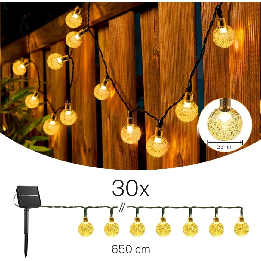 Ghirlandă solară decorativă LED, 30 LED, 8 funcții, baterie 500 mAh, 6,5 m, IP67, alb cald