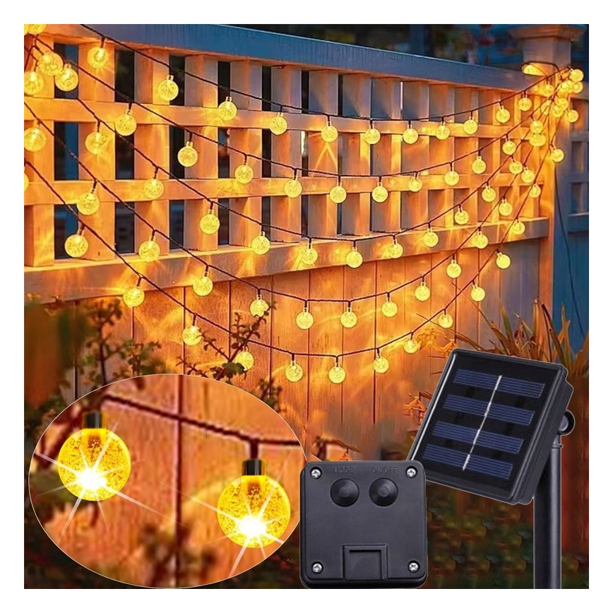 Ghirlandă solară decorativă LED, 50 LED, 8 funcții, acumulator 500 mAh, 9,5 m, IP67, alb cald