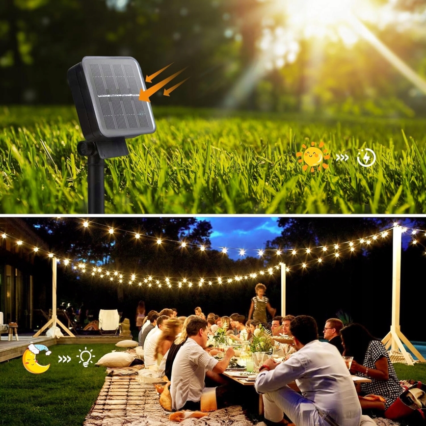 Ghirlandă solară decorativă LED, 50 LED, 8 funcții, acumulator 500 mAh, 9,5 m, IP67, alb cald