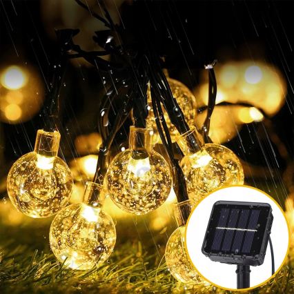 Ghirlandă solară decorativă LED, 50 LED, 8 funcții, acumulator 500 mAh, 9,5 m, IP67, alb cald