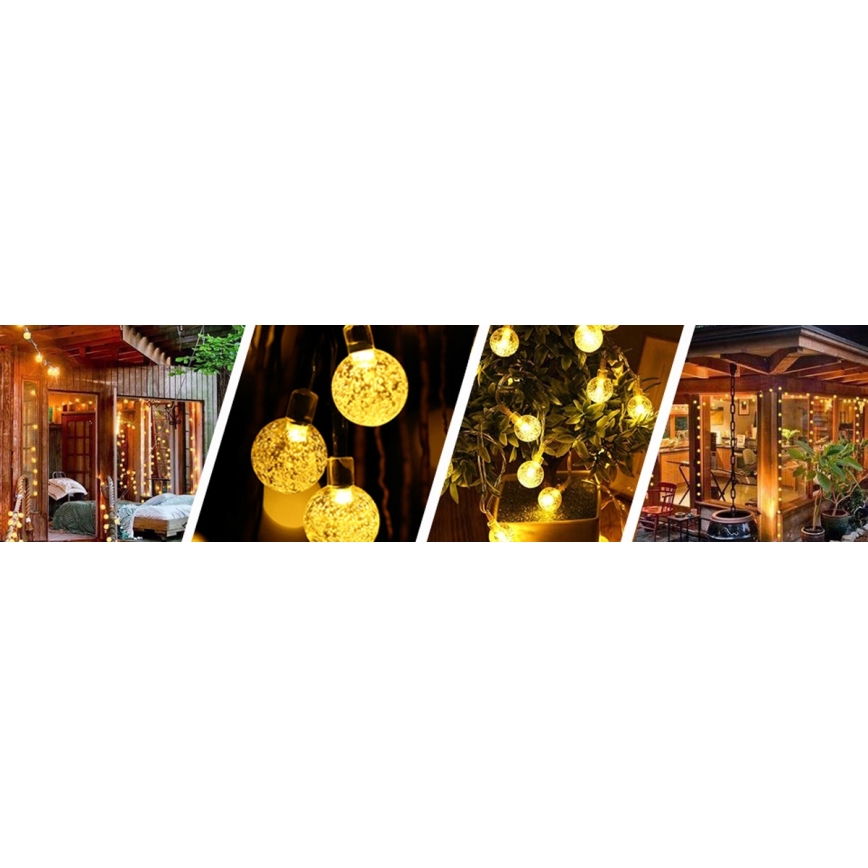 Ghirlandă solară decorativă LED, 50 LED, 8 funcții, acumulator 500 mAh, 9,5 m, IP67, alb cald