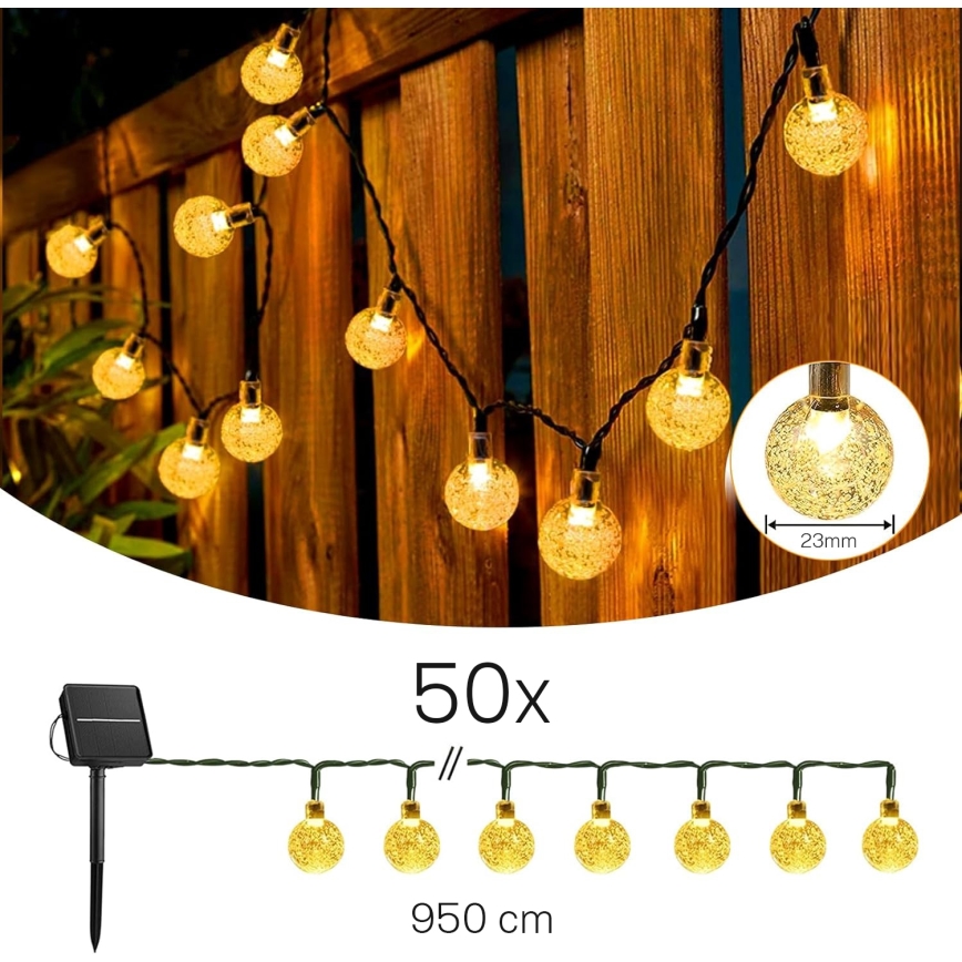 Ghirlandă solară decorativă LED, 50 LED, 8 funcții, acumulator 500 mAh, 9,5 m, IP67, alb cald