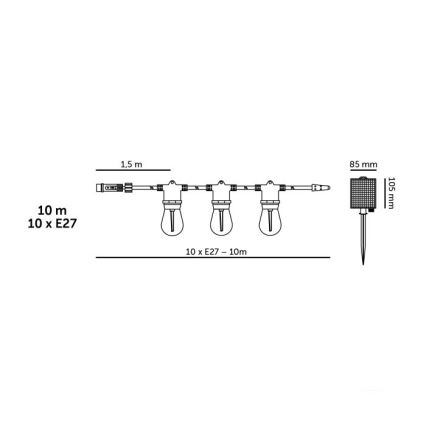 STARLIGHT NEO, șir solar decorativ LED reglabil, 10xE27/3,7V, 2700K, IP54, 1200 mAh, 11,5m + telecomandă