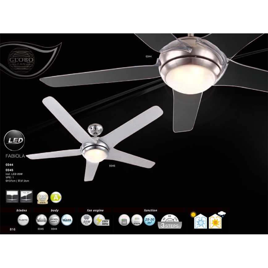 GLOBO 0344 - Ventilator pentru tavan FABIOLA 1xLED/20W/230V