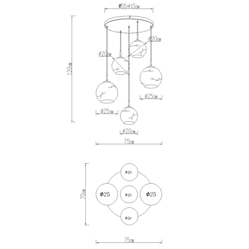 Globo - Candelabru suspendat pe cablu, 5x E27/60W/230V, diam. 75 cm