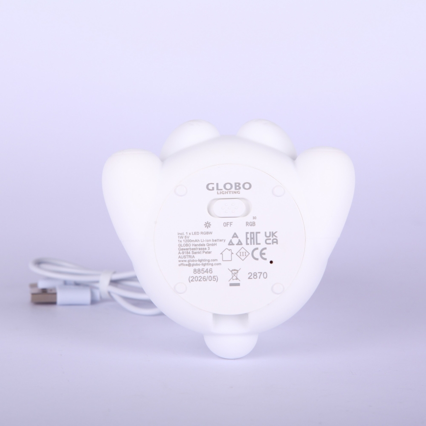 Globo - Lampă de veghe reîncărcabilă pentru copii, LED RGBW dimabilă, LED/1W/5V, 1200 mAh, în formă de ursuleț