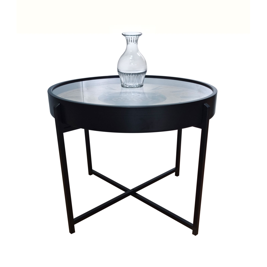 Globo - Masă de cafea cu ceas, diametru 71,5 cm, neagră