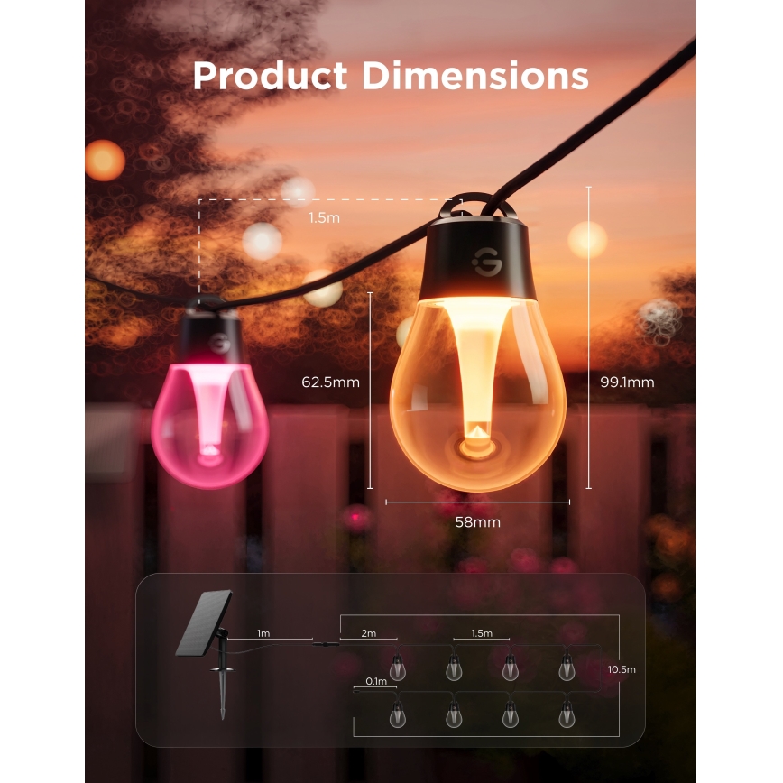 Govee - Ghirlandă solară LED RGBICW 8xLED/6W/5V Wi-Fi Matter IP67