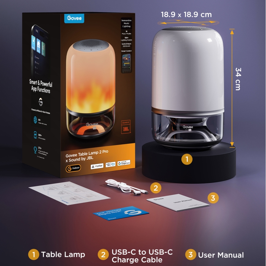 Govee - Lampă de masă LED RGBW reglabilă cu difuzor, 36W/12V, Wi‑Fi