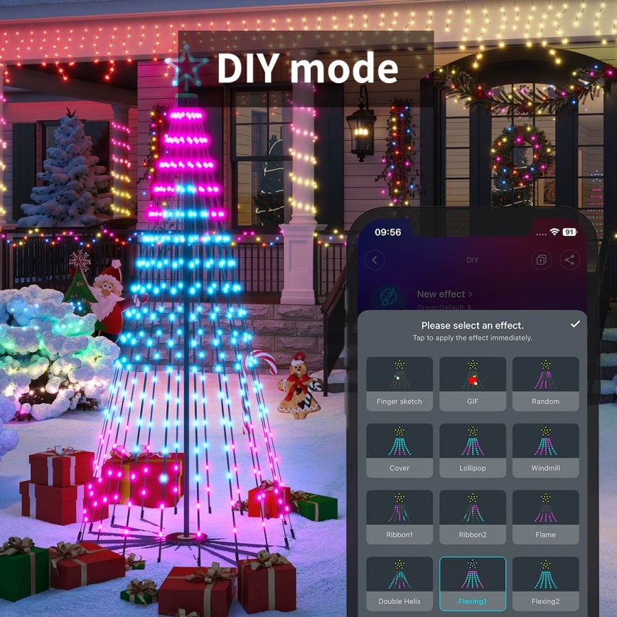 Govee - Brad de Crăciun LED RGBIC cu stea, 15 W, 230 V, IP65, 1,8 m, compatibil cu Matter, Wi‑Fi