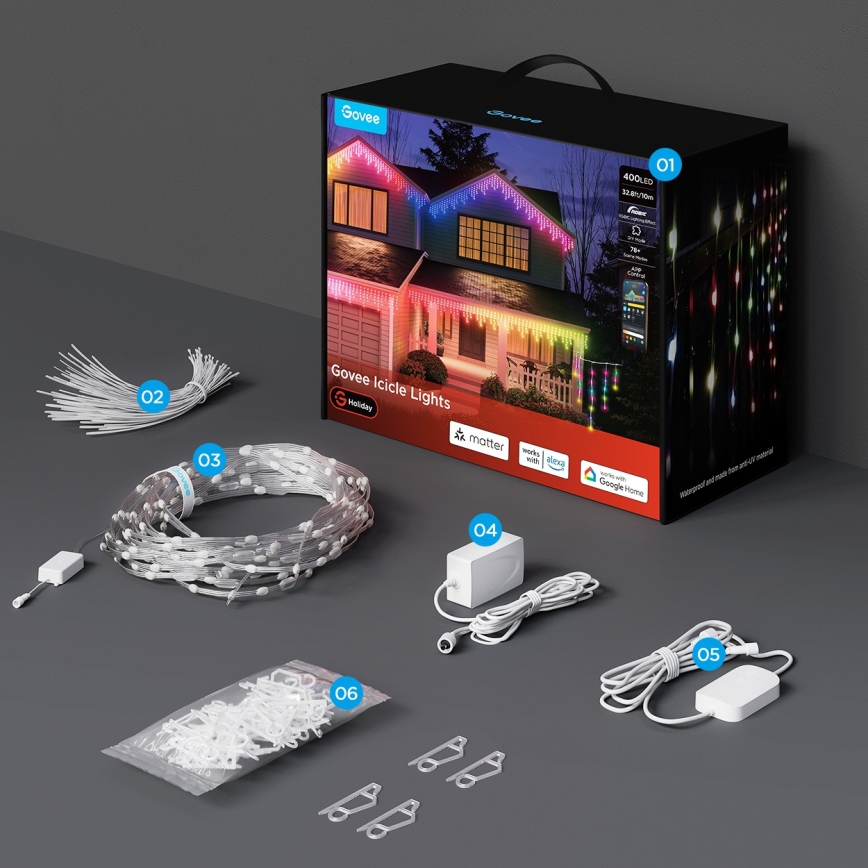 Govee - LED RGBIC Ghirlandă cu țurțuri pentru exterior 10m Wi-Fi Matter IP65