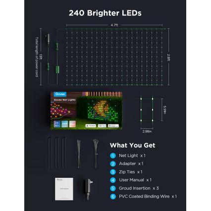 Govee - Plasă luminoasă LED RGBIC pentru exterior 143 x 85 cm Wi-Fi Matter IP65
