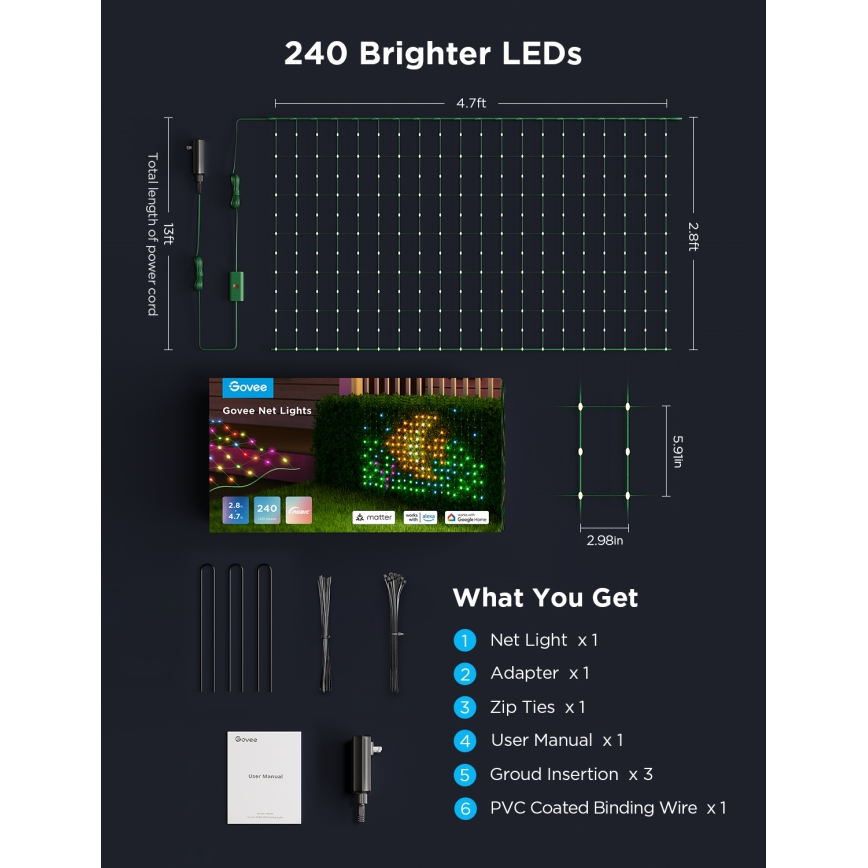Govee - Plasă luminoasă LED RGBIC pentru exterior 143 x 85 cm Wi-Fi Matter IP65
