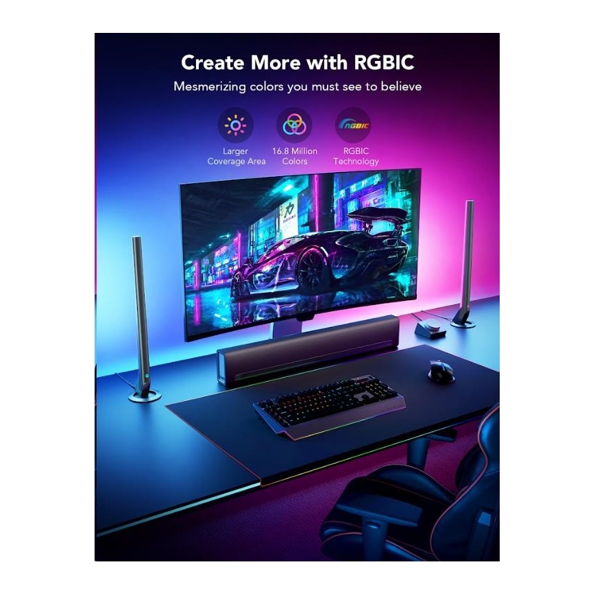 Govee - Set 2x Smart Gaming Wi‑Fi LED RGBIC Panely + Smart Dual negru + telecomandă