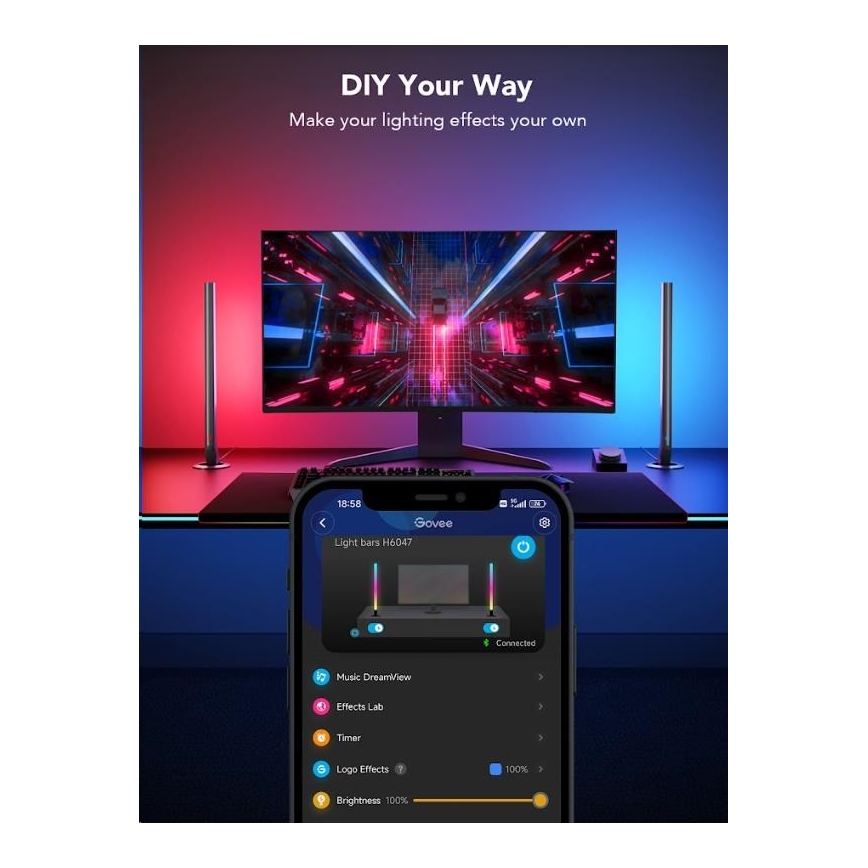 Govee - Set 2x Smart Gaming Wi‑Fi LED RGBIC Panely + Smart Dual negru + telecomandă