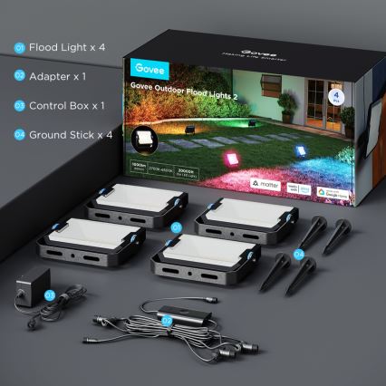 Govee - Set de 4 proiectoare LED RGBICWW reglabile, 24W, 230V, IP66, compatibile cu Matter, Wi-Fi