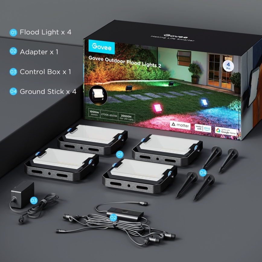 Govee - Set de 4 proiectoare LED RGBICWW reglabile, 24W, 230V, IP66, compatibile cu Matter, Wi-Fi