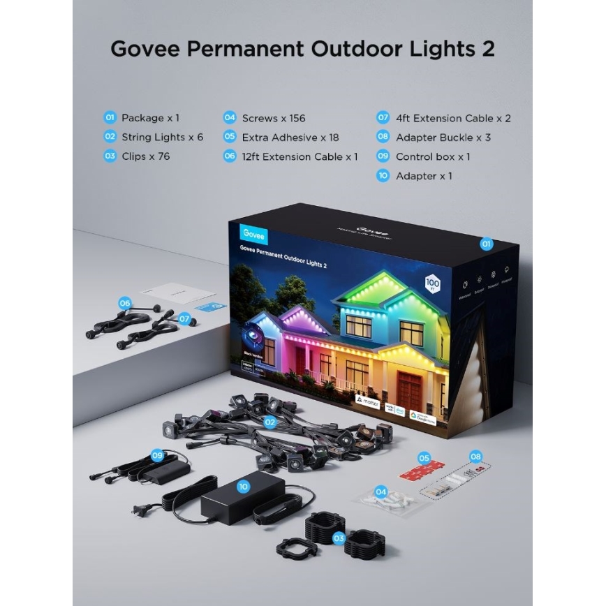 Govee - Șir de spoturi LED RGBIC, 30 m, Wi-Fi, Matter, IP67