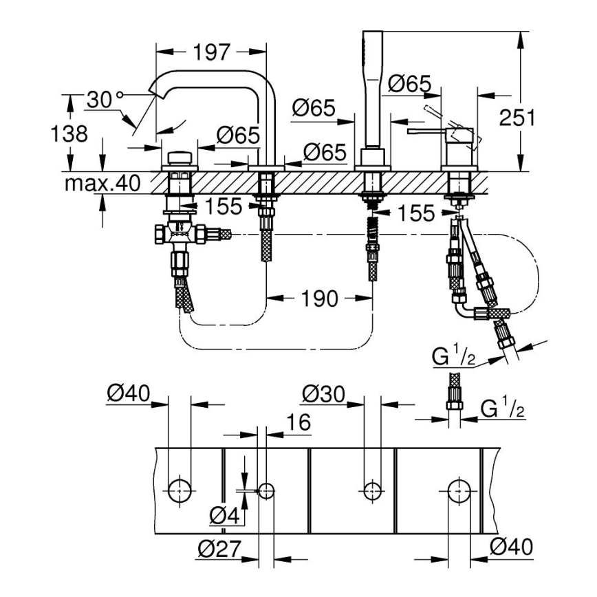 GROHE 19578DC1 - Set baterie pentru cadă ESSENCE, montaj în 4 găuri, oțel inoxidabil